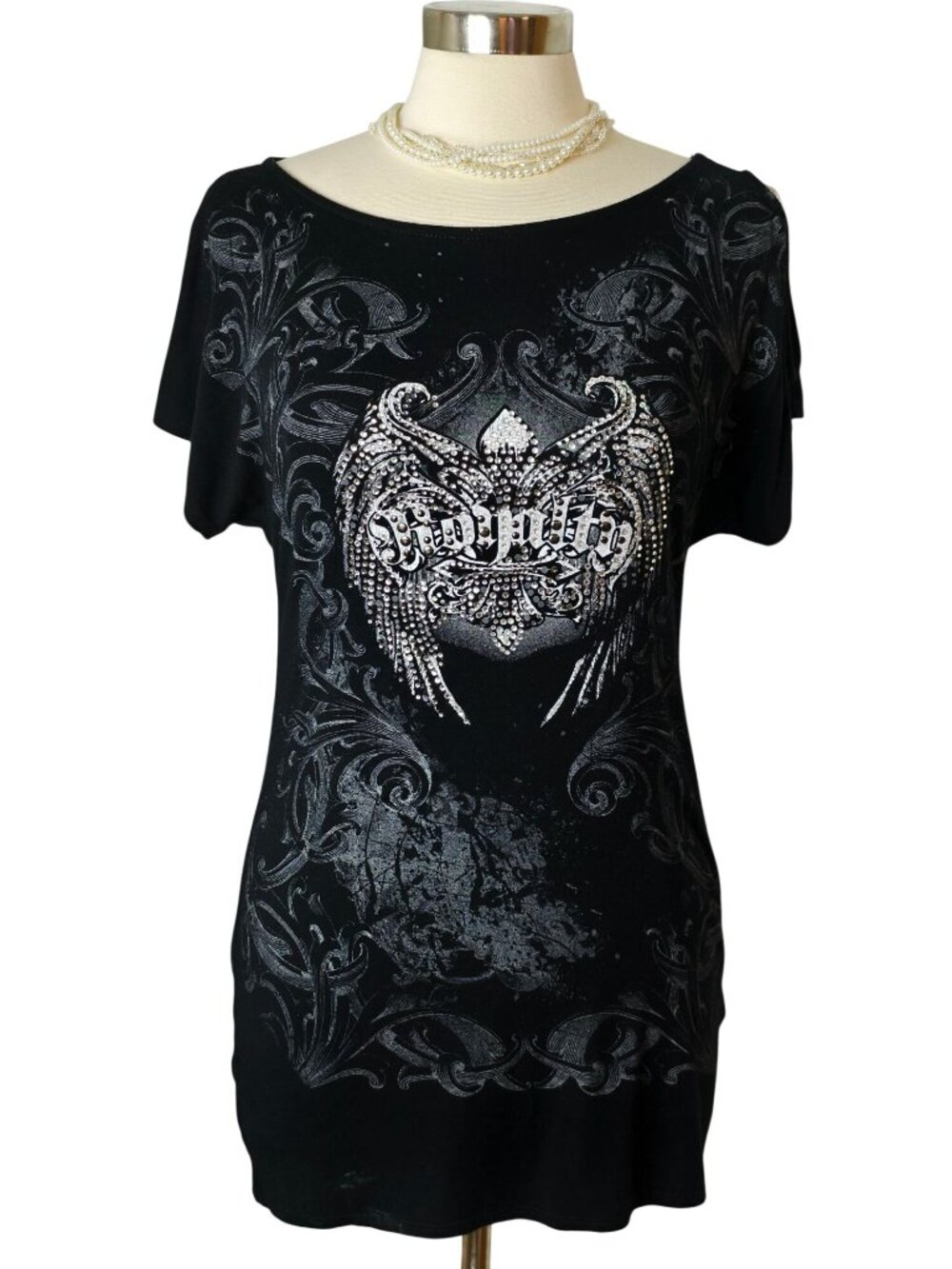 S-Twelve Womens S Rhinestone Tee Black Embellished Angel Wings Zip Cut Slv Hip - Picture 1 of 6